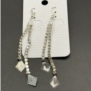 Silver Tone Rhinestone Dangle Earrings with Diamond Shape Charms